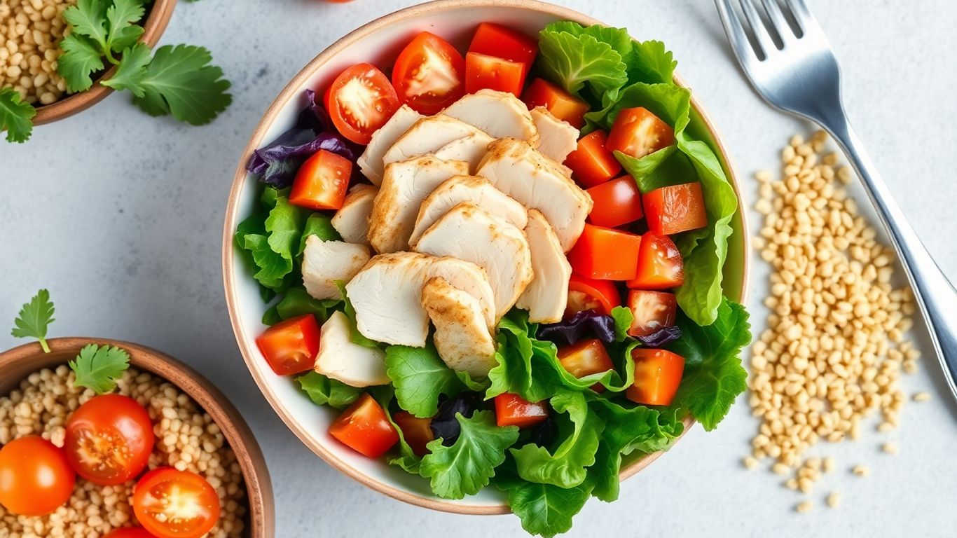 Healthy chicken salad with quinoa and fresh vegetables.