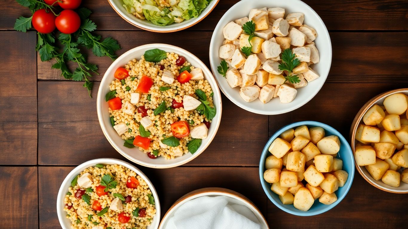 Assortment of chicken salad dishes on a table.