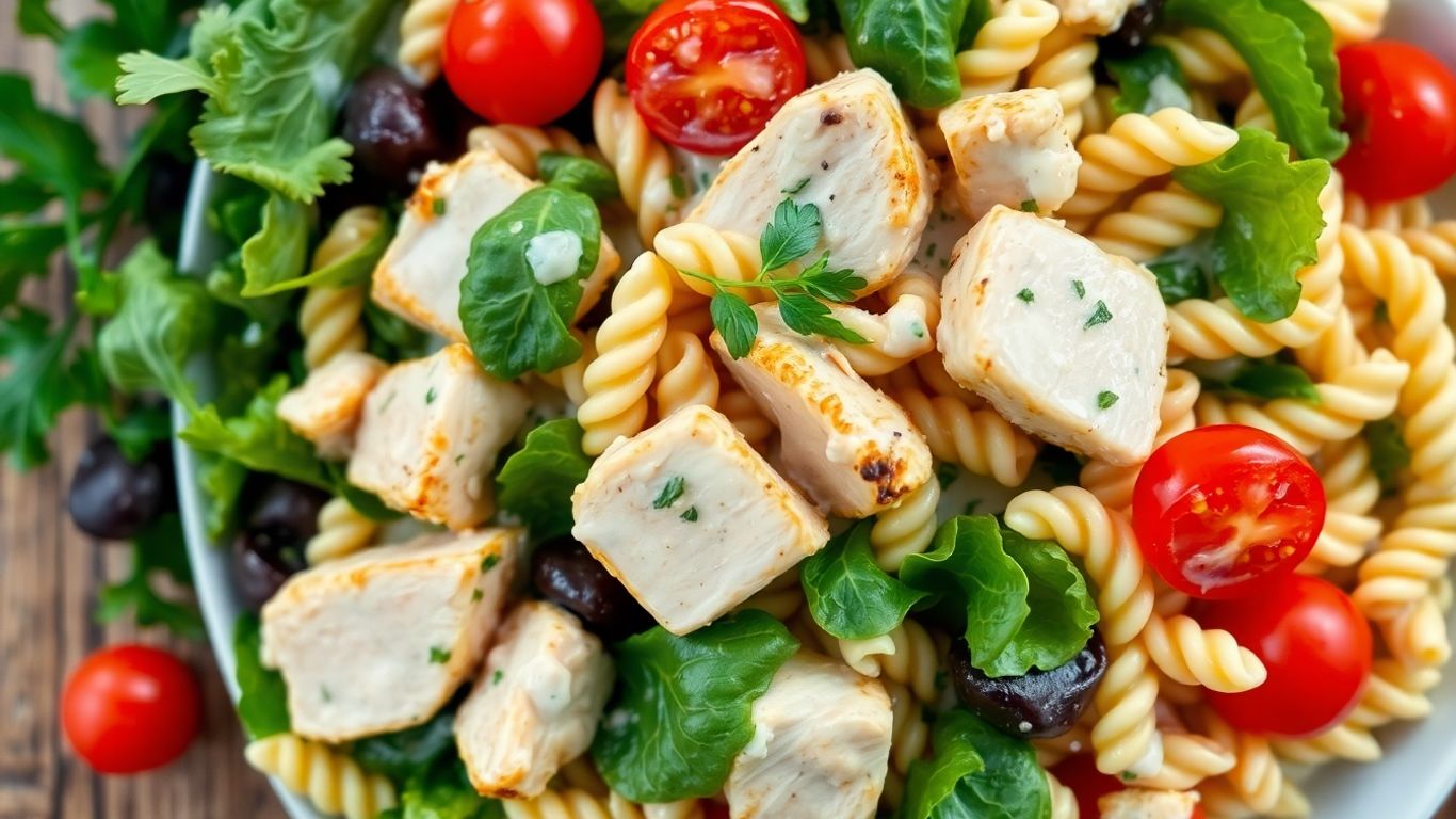 Chicken and pasta salad with fresh vegetables.