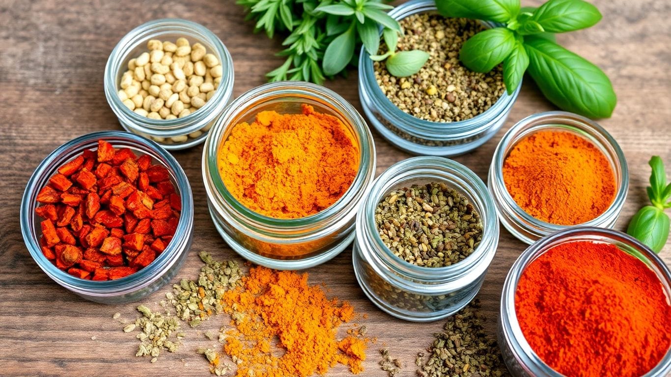 Assortment of dried herbs and spices in jars.