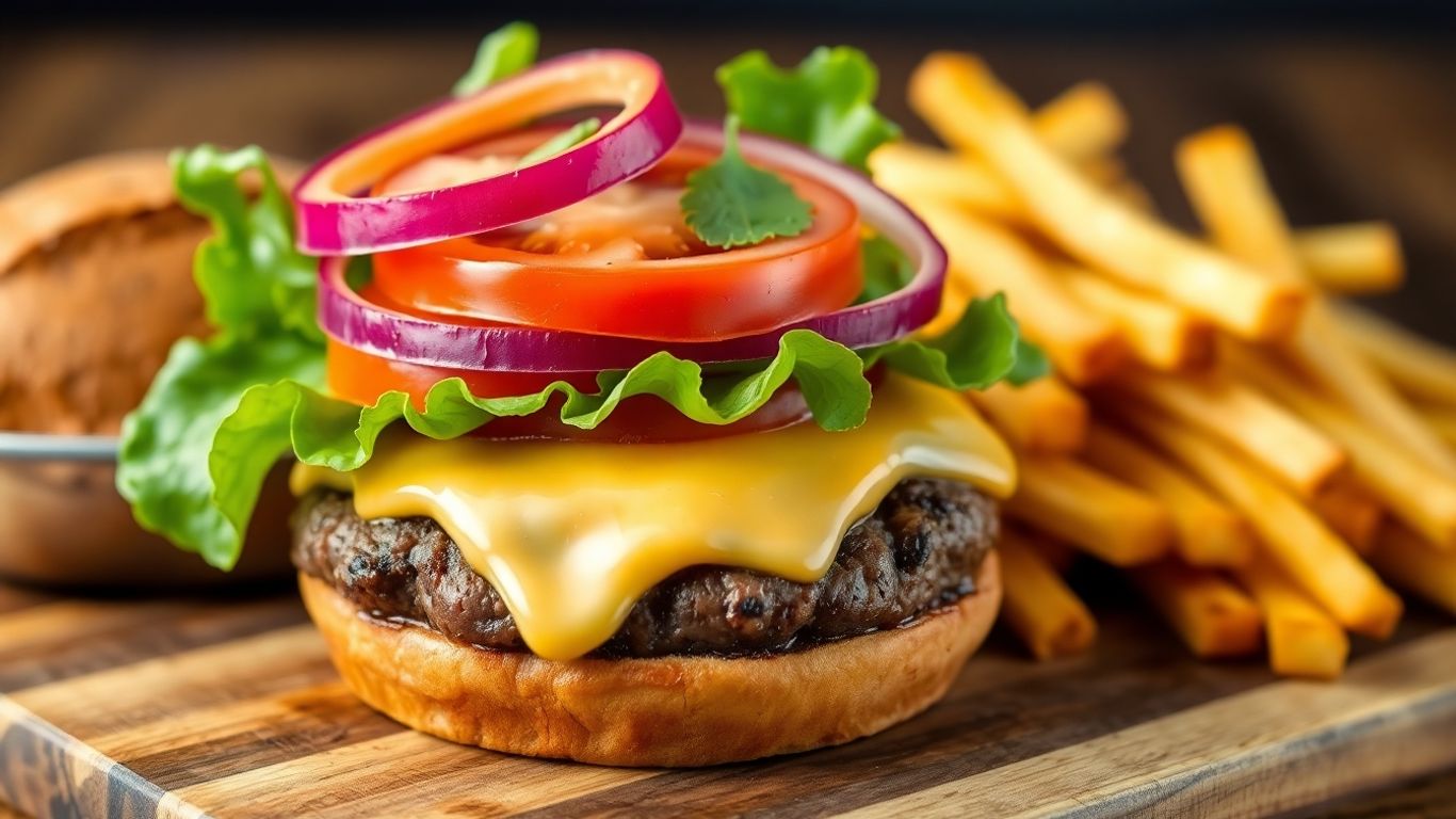 Juicy bunless burger with cheese and fries.