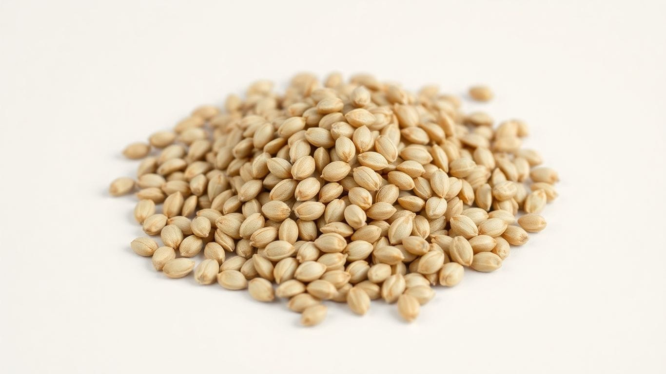 Hulled hemp seeds in a small pile.