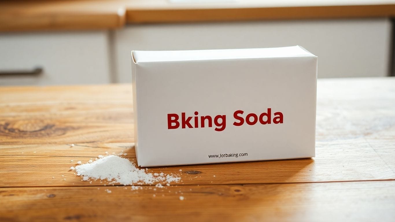 Box of baking soda on a kitchen counter.