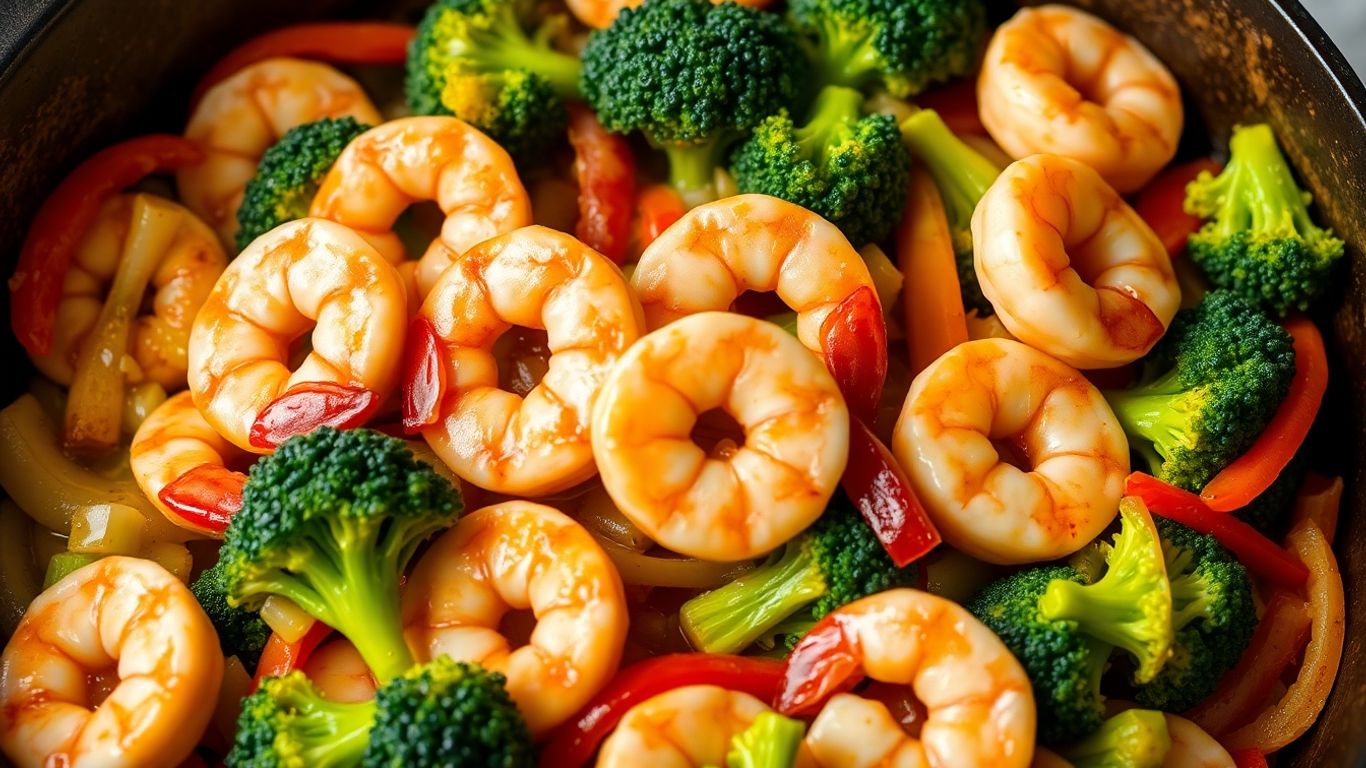 Keto shrimp and vegetable skillet in a cast-iron pan.