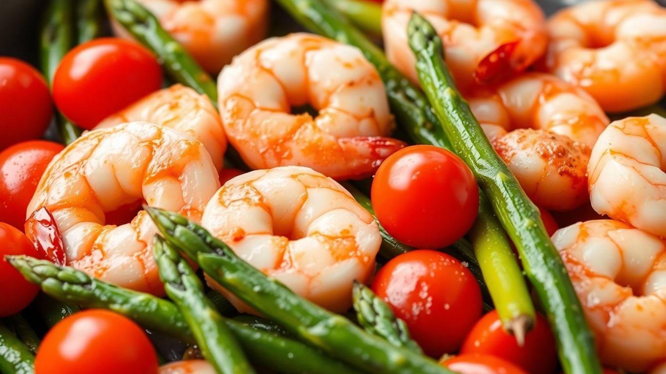 Keto pan shrimp with tomatoes and asparagus.